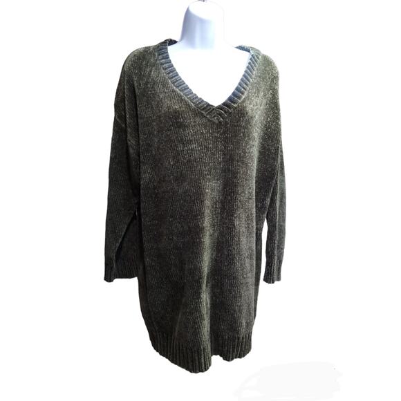 Forever 21 Women's Medium Sweater Green Chenille V-Neck Long Sleeve Oversized - Picture 1 of 9